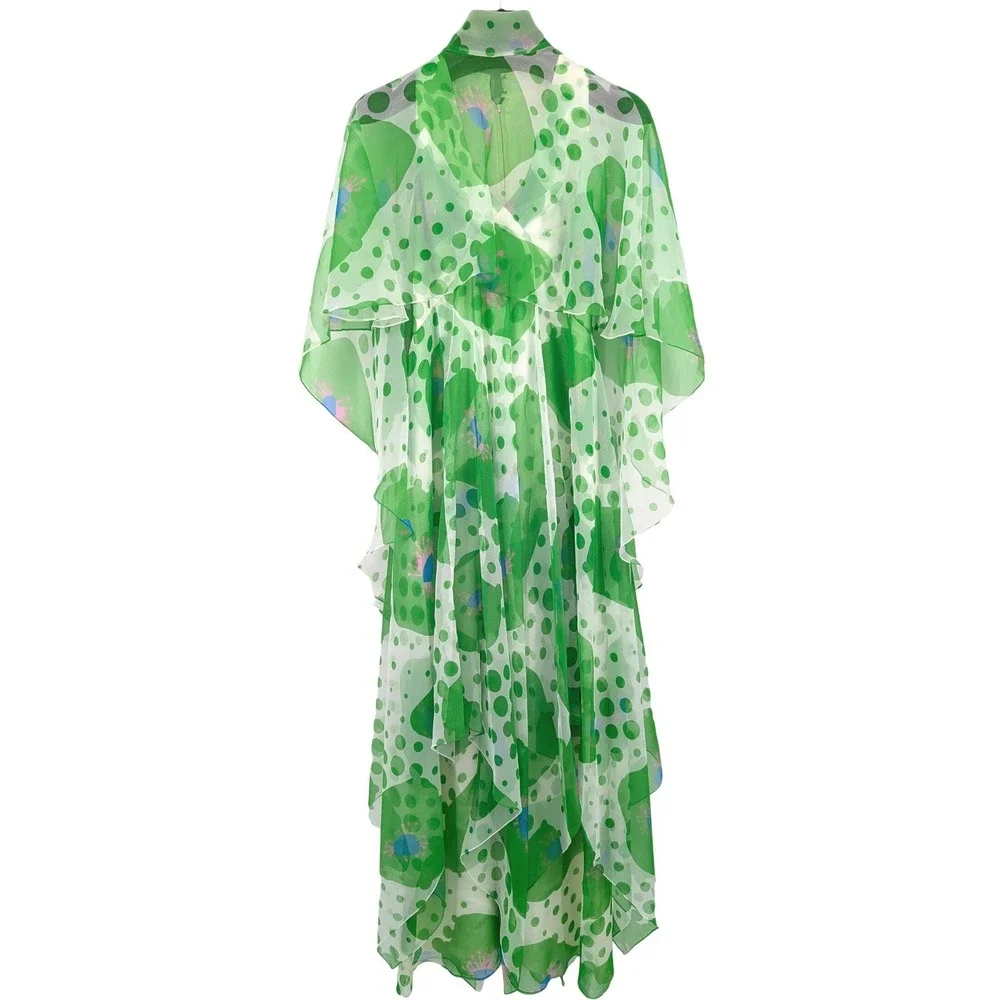 Vintage 1970s Green Chiffon Maxi Dress & Cape Set Polka Dot Floral Boho S XS